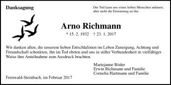 Traueranzeige von Arno Richmann von Giessener Allgemeine, Alsfelder Allgemeine
