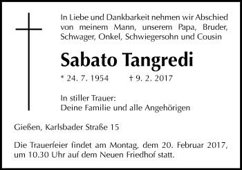 Traueranzeige von Sabato Tangredi von Giessener Allgemeine, Alsfelder Allgemeine