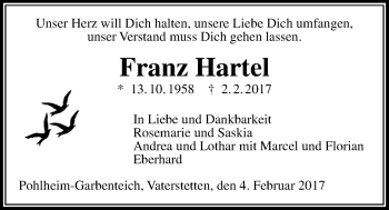 Traueranzeige von Franz Hartel von Giessener Allgemeine, Alsfelder Allgemeine