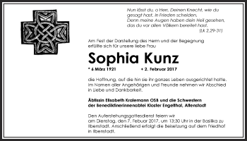 Traueranzeige von Sophia Kunz von Wetterauer Zeitung, Wetterauer Zeitung