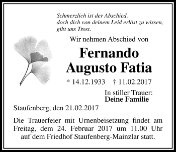 Traueranzeige von Fernando Augusto Fatia von Giessener Allgemeine, Alsfelder Allgemeine