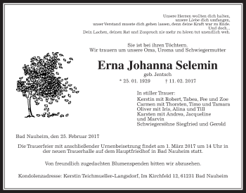Traueranzeige von Erna Johanna Selemin von Wetterauer Zeitung, Wetterauer Zeitung