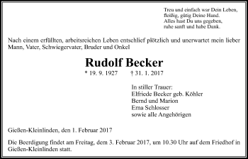 Traueranzeige von Rudolf Becker von Giessener Allgemeine, Alsfelder Allgemeine