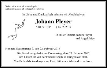 Traueranzeige von Johann Pleyer von Giessener Allgemeine, Alsfelder Allgemeine