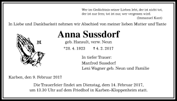 Traueranzeige von Anna Sussdorf von Wetterauer Zeitung, Wetterauer Zeitung