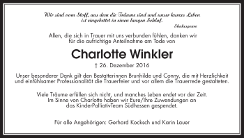 Traueranzeige von Charlotte Winkler von Wetterauer Zeitung, Wetterauer Zeitung