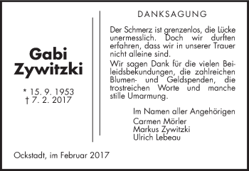 Traueranzeige von Gabi Zywitzki von Wetterauer Zeitung, Wetterauer Zeitung