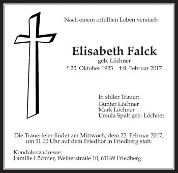 Traueranzeige von Elisabeth Falck von Wetterauer Zeitung, Wetterauer Zeitung