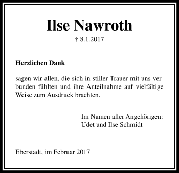 Traueranzeige von Ilse Nawroth von Licher Wochenblatt, Licher Wochenblatt, Licher Wochenblatt
