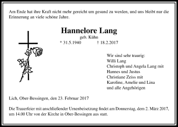 Traueranzeige von Hannelore Lang von Licher Wochenblatt, Licher Wochenblatt, Licher Wochenblatt