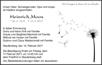 Traueranzeige von Heinrich Moos von Giessener Allgemeine, Alsfelder Allgemeine