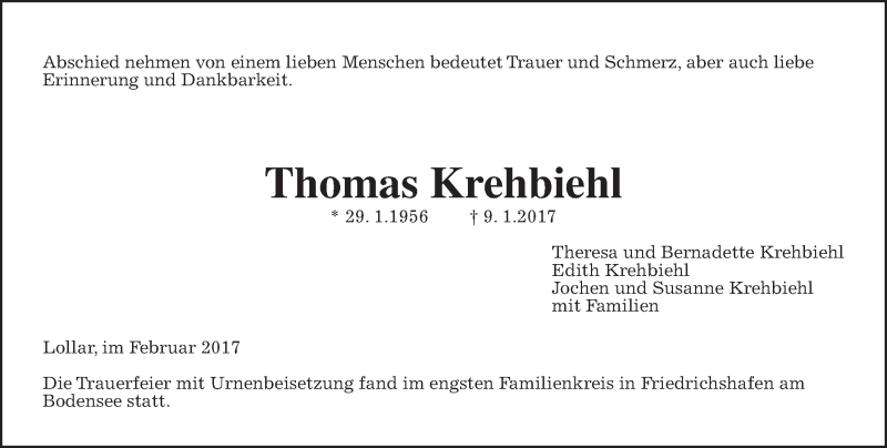  Traueranzeige für Thomas Krehbiehl vom 11.02.2017 aus Giessener Allgemeine, Alsfelder Allgemeine