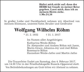 Traueranzeige von Wolfgang Wilhelm Röhm von Giessener Allgemeine, Alsfelder Allgemeine, Giessener Allgemeine, Alsfelder Allgemeine