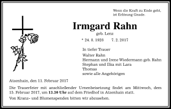 Traueranzeige von Irmgard Rahn von Giessener Allgemeine, Alsfelder Allgemeine