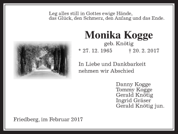 Traueranzeige von Monika Kogge von Wetterauer Zeitung, Wetterauer Zeitung