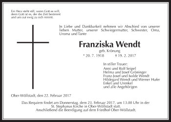 Traueranzeige von Franziska Wendt von Wetterauer Zeitung, Wetterauer Zeitung