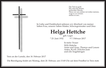 Traueranzeige von Helga Hettche von Giessener Allgemeine, Alsfelder Allgemeine, Wetterauer Zeitung, Wetterauer Zeitung, Giessener Allgemeine, Alsfelder Allgemeine