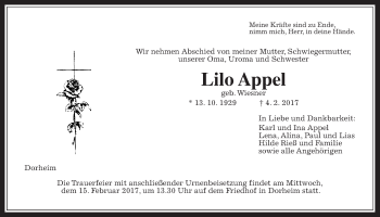 Traueranzeige von Lilo Appel von Wetterauer Zeitung, Wetterauer Zeitung