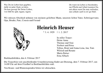 Traueranzeige von Heinrich Heuser von Giessener Allgemeine, Alsfelder Allgemeine