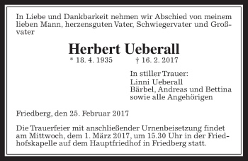 Traueranzeige von Herbert Ueberall von Wetterauer Zeitung, Wetterauer Zeitung