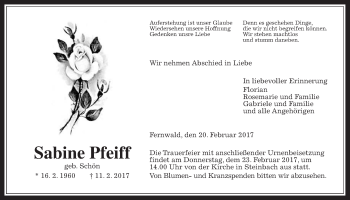 Traueranzeige von Sabine Pfeiff von Giessener Allgemeine, Alsfelder Allgemeine