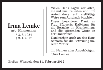 Traueranzeige von Irma Lemke von Giessener Allgemeine, Alsfelder Allgemeine