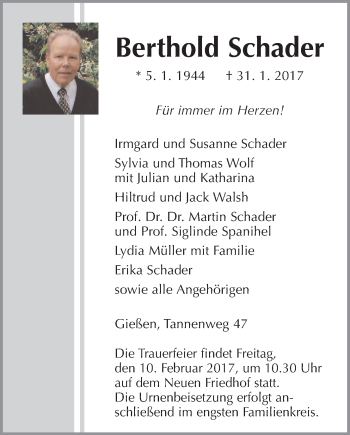 Traueranzeige von Berthold Schader von Giessener Allgemeine, Alsfelder Allgemeine