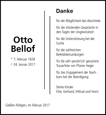 Traueranzeige von Otto Bellof von Giessener Allgemeine, Alsfelder Allgemeine