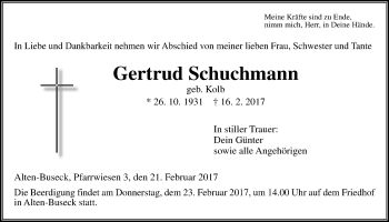 Traueranzeige von Gertrud Schuchmann von Giessener Allgemeine, Alsfelder Allgemeine