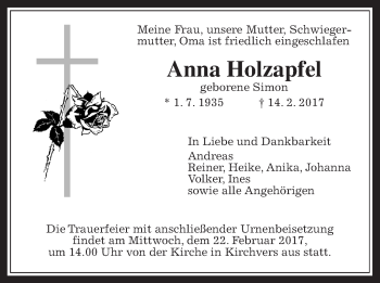 Traueranzeige von Anna Holzapfel von Giessener Allgemeine, Alsfelder Allgemeine