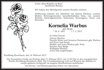 Traueranzeige von Kornelia Warbus von Wetterauer Zeitung, Wetterauer Zeitung