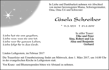 Traueranzeige von Gisela Schreiber von Wetterauer Zeitung, Wetterauer Zeitung, Giessener Allgemeine, Alsfelder Allgemeine