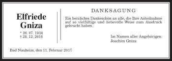 Traueranzeige von Elfriede Gniza von Wetterauer Zeitung, Wetterauer Zeitung