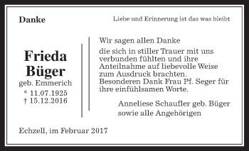 Traueranzeige von Frieda Büger von Wetterauer Zeitung, Wetterauer Zeitung