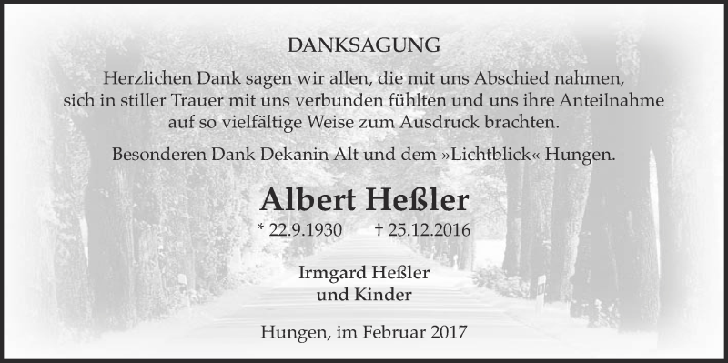  Traueranzeige für Albert Heßler vom 02.02.2017 aus Licher Wochenblatt, Licher Wochenblatt, Licher Wochenblatt