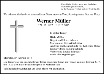 Traueranzeige von Werner Müller von Giessener Allgemeine, Alsfelder Allgemeine