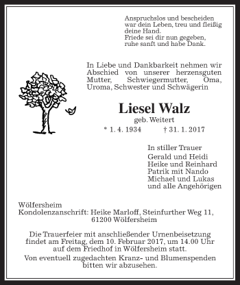 Traueranzeige von Liesel Walz von Wetterauer Zeitung, Wetterauer Zeitung