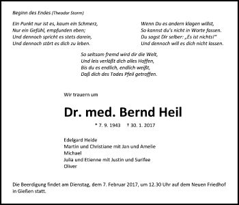 Traueranzeige von Bernd Heil von Giessener Allgemeine, Alsfelder Allgemeine