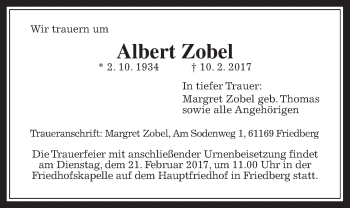 Traueranzeige von Albert Zobel von Wetterauer Zeitung, Wetterauer Zeitung
