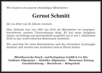 Traueranzeige von Gernot Schmitt von Giessener Allgemeine, Alsfelder Allgemeine