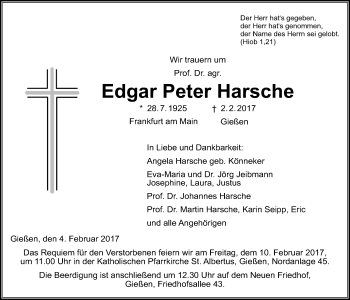 Traueranzeige von Edgar Peter Harsche von Giessener Allgemeine, Alsfelder Allgemeine