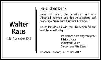 Traueranzeige von Walter Kaus von Rabenauer Zeitung
