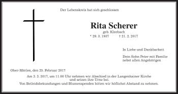 Traueranzeige von Rita Scherer von Wetterauer Zeitung, Wetterauer Zeitung