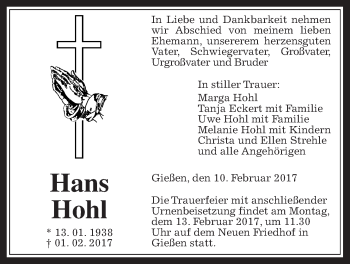Traueranzeige von Hans Hohl von Giessener Allgemeine, Alsfelder Allgemeine