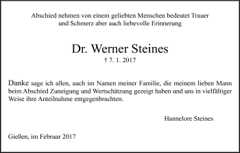 Traueranzeige von Werner Steines von Giessener Allgemeine, Alsfelder Allgemeine