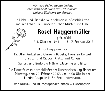 Traueranzeige von Rosel Haggenmüller von Giessener Allgemeine, Alsfelder Allgemeine