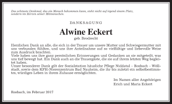 Traueranzeige von Alwine Eckert von Wetterauer Zeitung, Wetterauer Zeitung