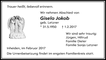 Traueranzeige von Gisela Jakob von Licher Wochenblatt, Licher Wochenblatt, Licher Wochenblatt