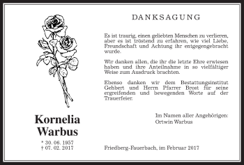 Traueranzeige von Kornelia Warbus von Wetterauer Zeitung, Wetterauer Zeitung