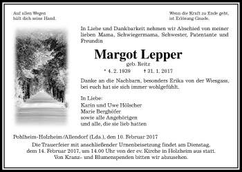 Traueranzeige von Margot Lepper von Giessener Allgemeine, Alsfelder Allgemeine